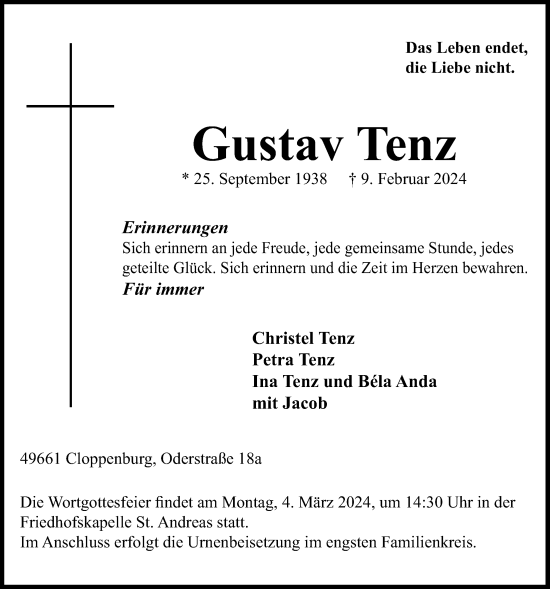 Anzeige von Gustav Tenz von OM-Medien
