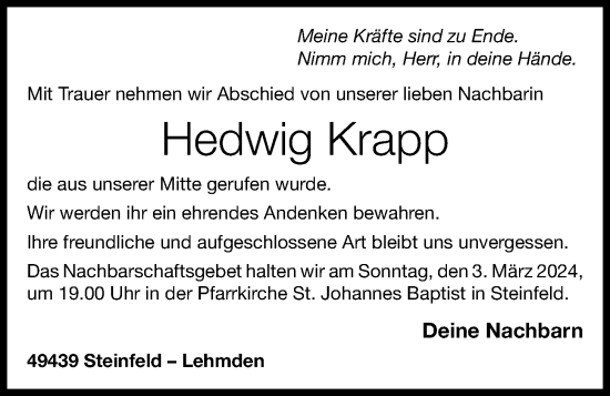 Anzeige von Hedwig Krapp von OM-Medien