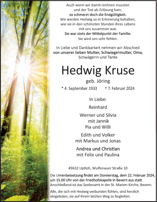 Anzeige von Hedwig Kruse von OM-Medien