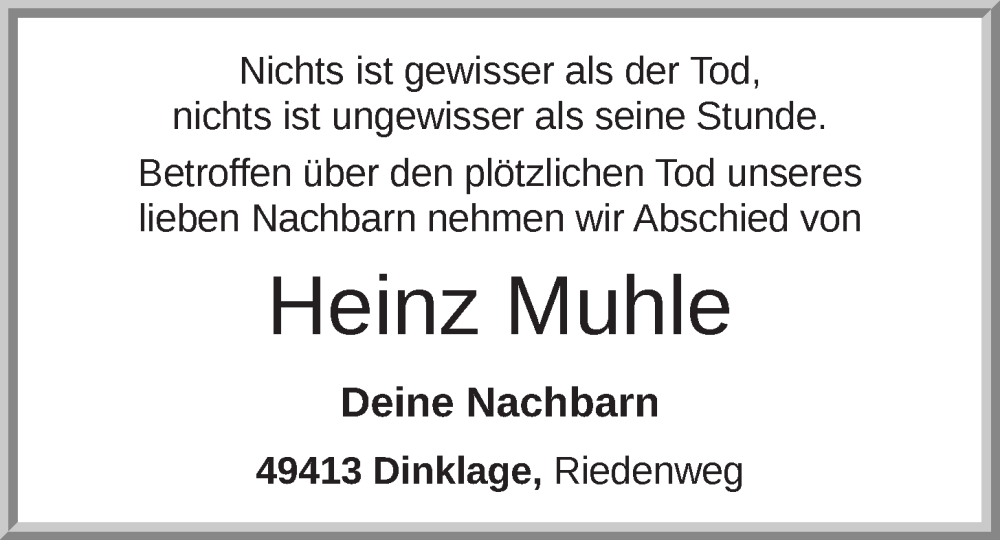  Traueranzeige für Heinz Muhle vom 14.02.2024 aus OM-Medien