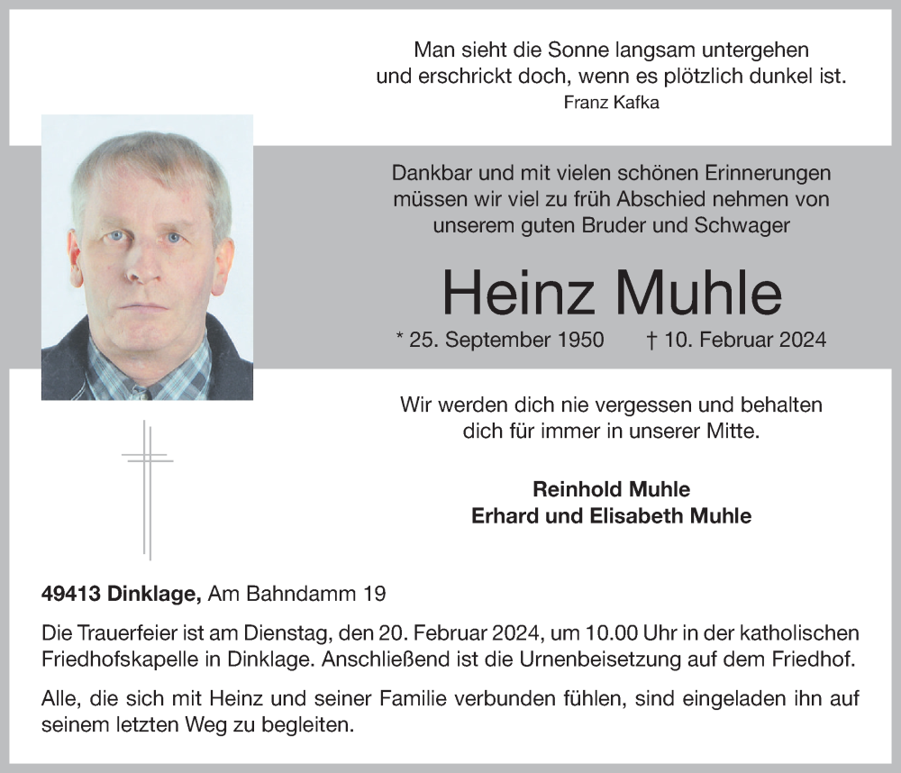  Traueranzeige für Heinz Muhle vom 13.02.2024 aus OM-Medien