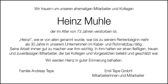 Anzeige von Heinz Muhle von OM-Medien