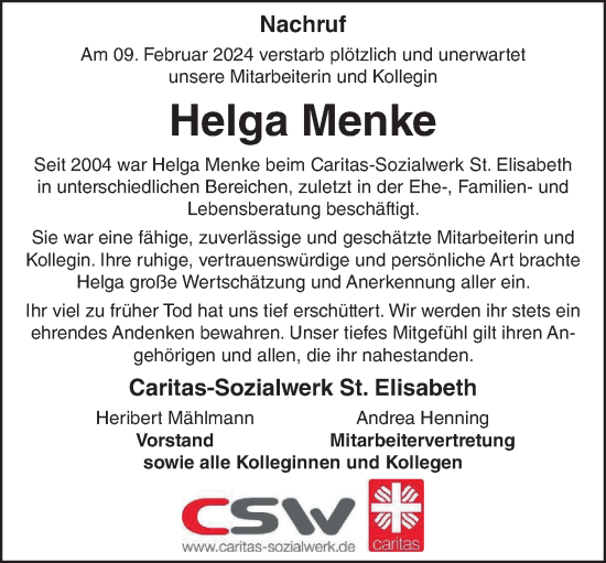 Anzeige von Helga Menke von OM-Medien