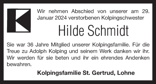 Anzeige von Hilde Schmidt von OM-Medien