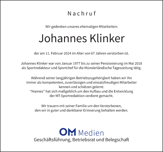 Anzeige von Hannes Klinker von OM-Medien