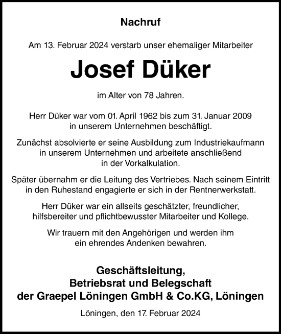Anzeige von Josef Düker von OM-Medien