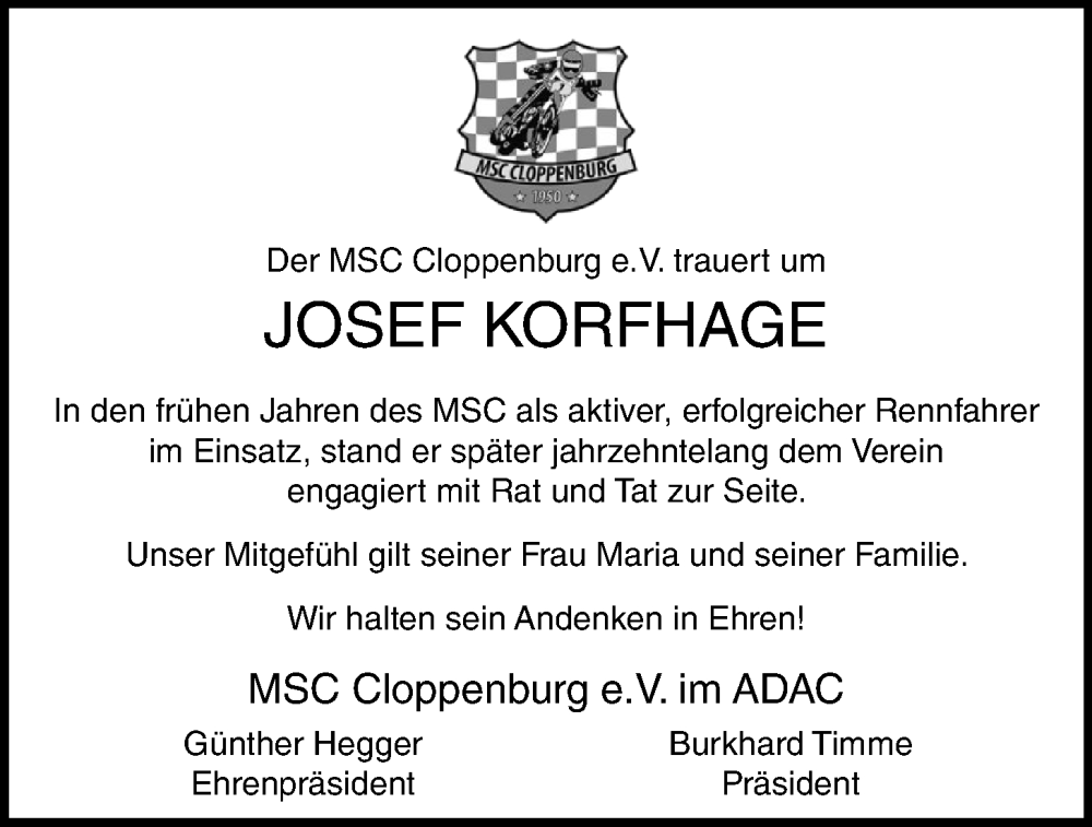  Traueranzeige für Josef Korfhage vom 16.02.2024 aus OM-Medien