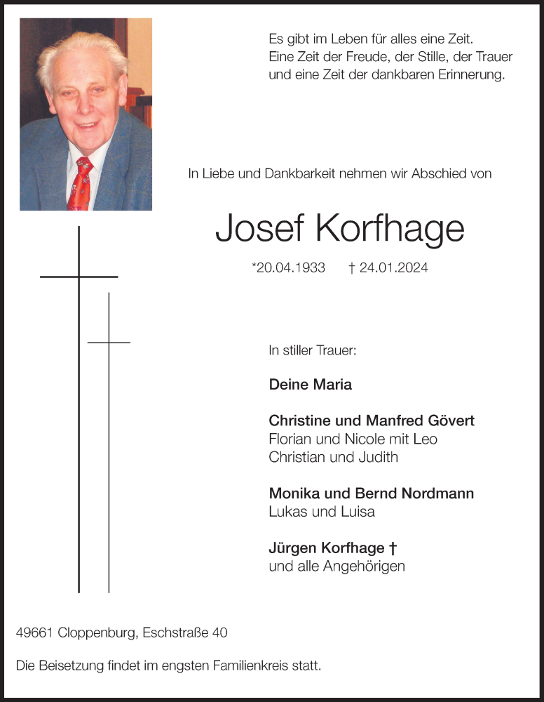  Traueranzeige für Josef Korfhage vom 09.02.2024 aus OM-Medien