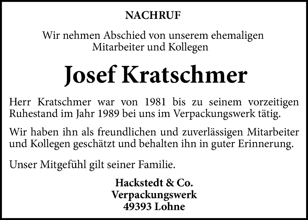  Traueranzeige für Josef Kratschmer vom 13.02.2024 aus OM-Medien