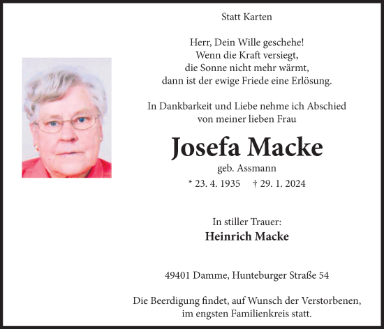 Anzeige von Josefa Macke von OM-Medien