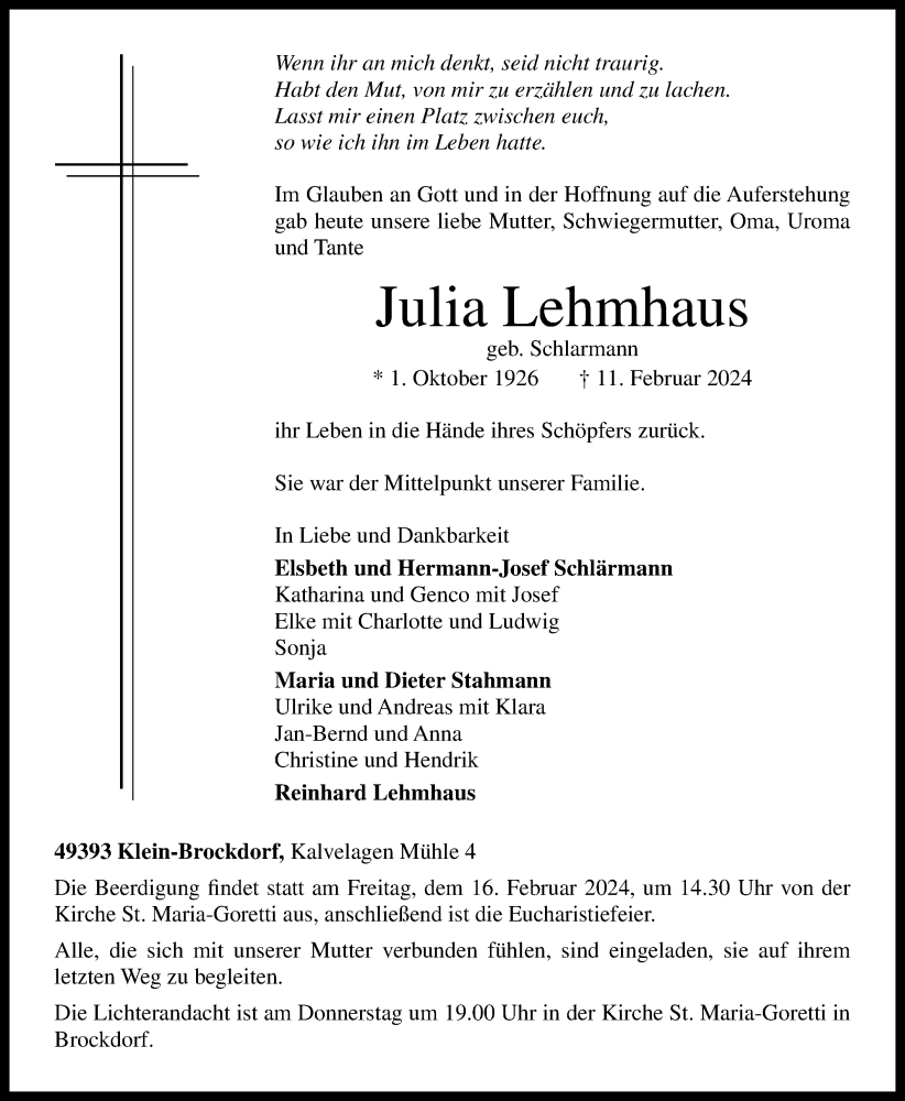  Traueranzeige für Julia Lehmhaus vom 13.02.2024 aus OM-Medien