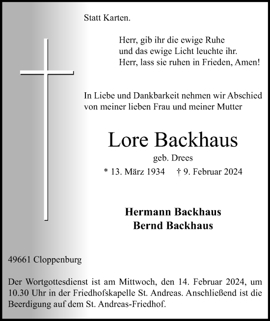 Anzeige von Lore Backhaus von OM-Medien