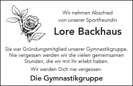 Anzeige von Lore Backhaus von OM-Medien