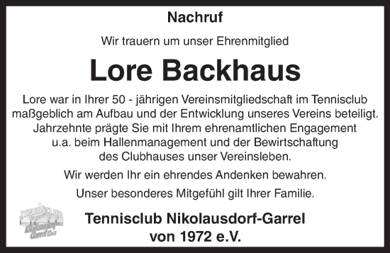 Anzeige von Lore Backhaus von OM-Medien