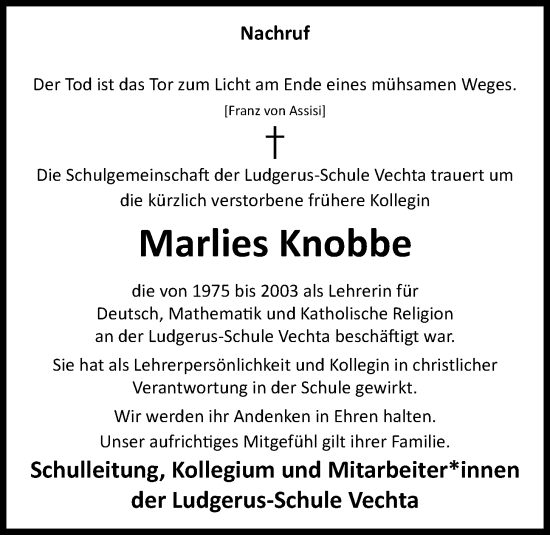 Anzeige von Marlies Knobbe von OM-Medien