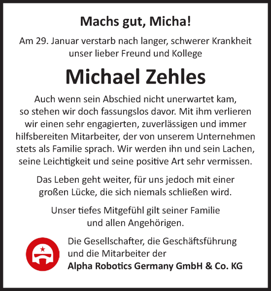 Anzeige von Michael Zehles von OM-Medien