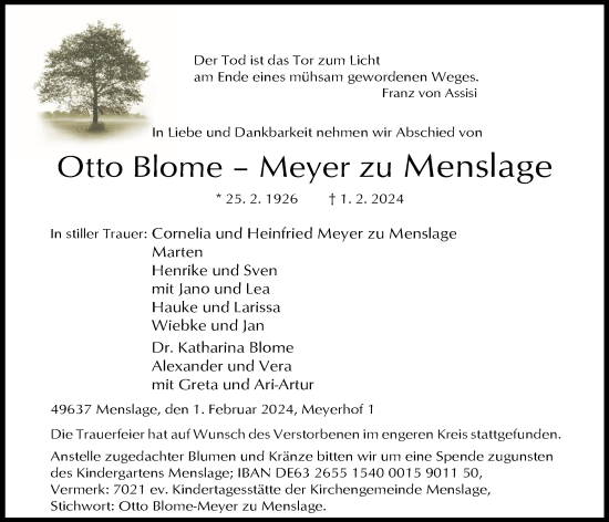 Anzeige von Otto Blome-Meyer zu Menslage von OM-Medien