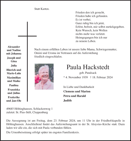 Anzeige von Paula Hackstedt von OM-Medien