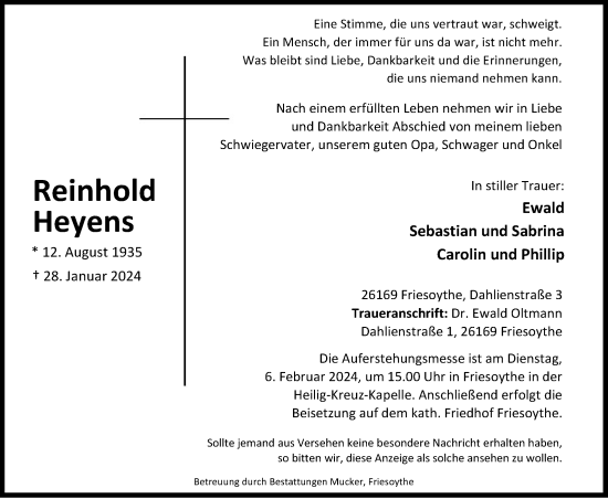 Anzeige von Reinhold Heyens von OM-Medien