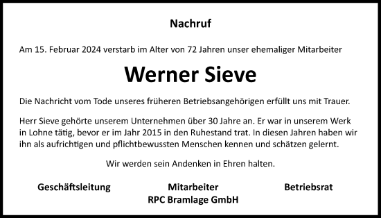 Anzeige von Werner Sieve von OM-Medien