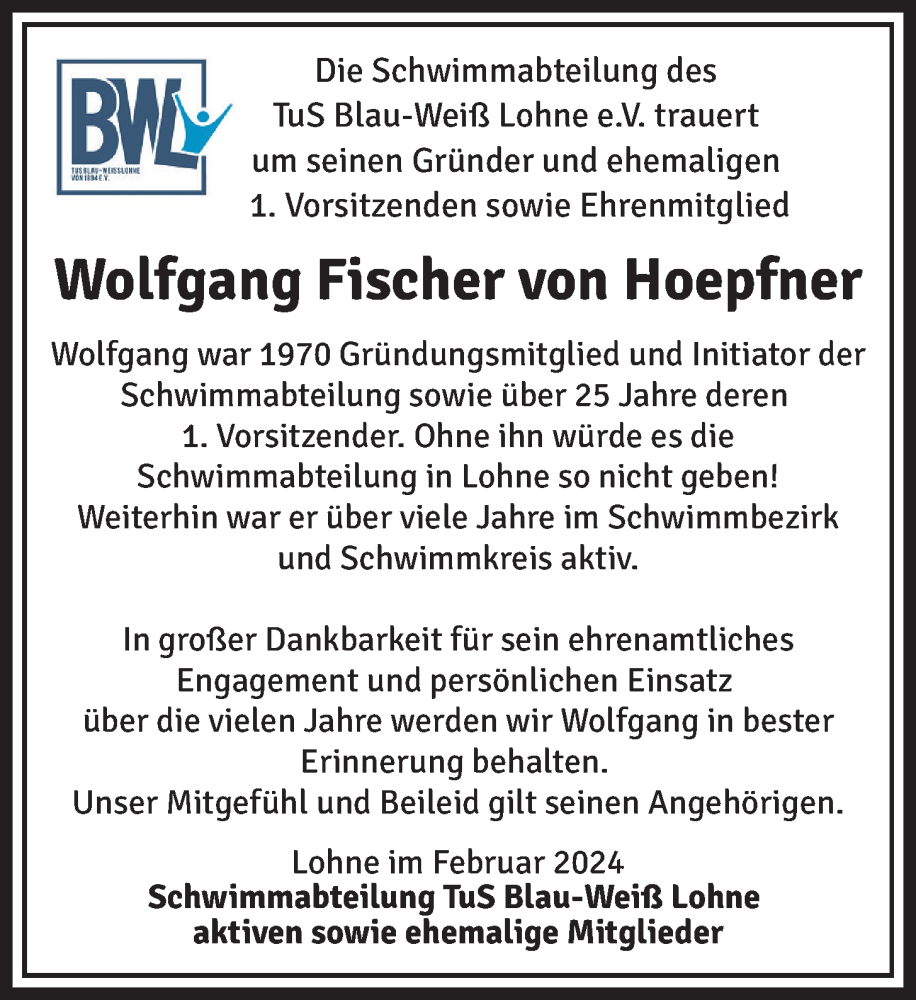  Traueranzeige für Wolfgang Fischer von Hoepfner vom 13.02.2024 aus OM-Medien