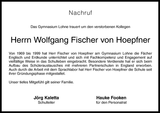 Anzeige von Wolfgang Fischer von Hoepfner von OM-Medien