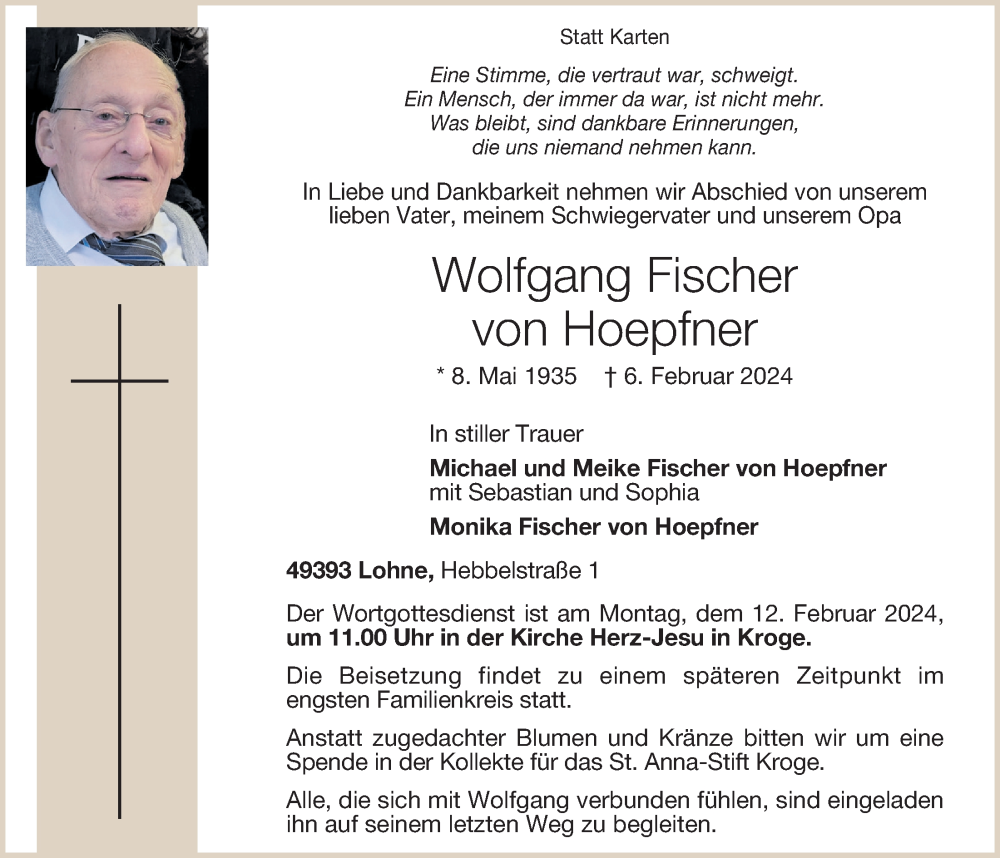  Traueranzeige für Wolfgang Fischer von Hoepfner vom 09.02.2024 aus OM-Medien