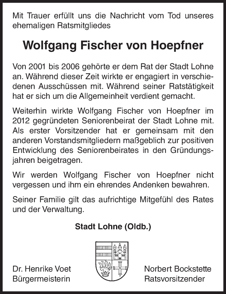  Traueranzeige für Wolfgang Fischer von Hoepfner vom 10.02.2024 aus OM-Medien
