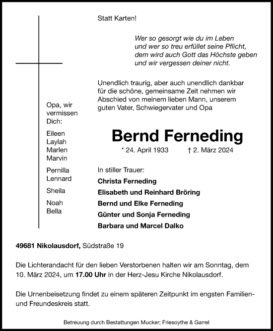 Anzeige von Bernd Ferneding von OM-Medien