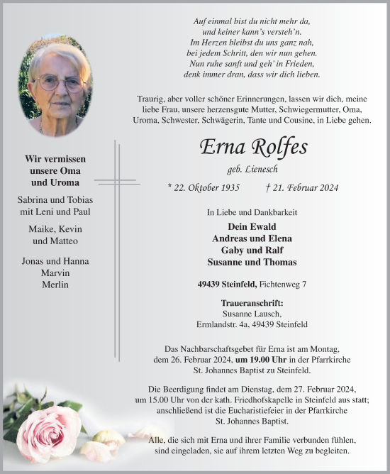 Anzeige von Erna Rolfes von OM-Medien