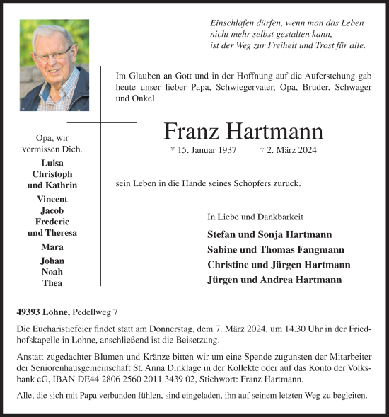 Anzeige von Franz Hartmann von OM-Medien