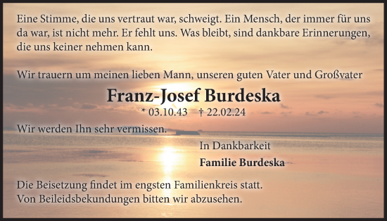 Anzeige von Franz-Josef Burdeska von OM-Medien