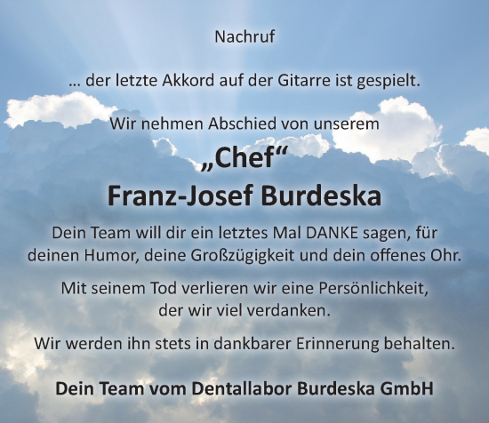 Anzeige von Franz-Josef Burdeska von OM-Medien