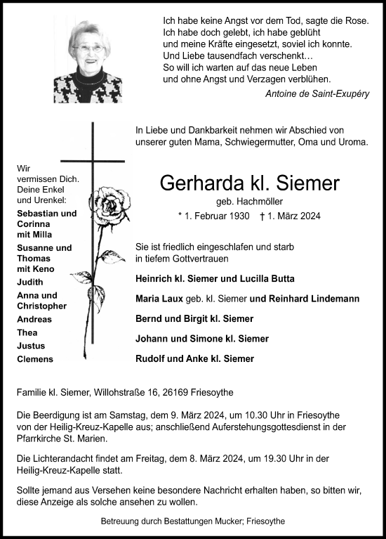 Anzeige von Gerharda Siemer von OM-Medien