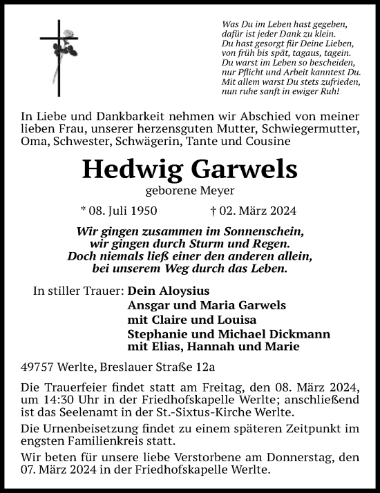 Anzeige von Hedwig Garwels von OM-Medien