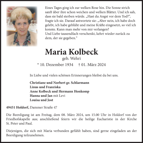 Anzeige von Maria Kolbeck von OM-Medien