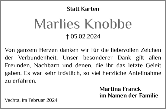 Anzeige von Marlies Knobbe von OM-Medien