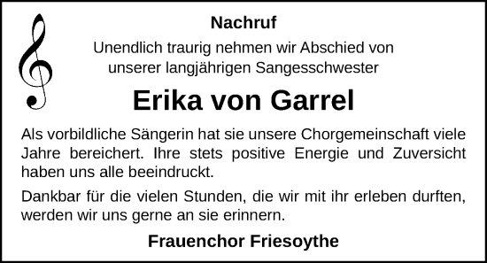 Anzeige von Erika von Garrel von OM-Medien