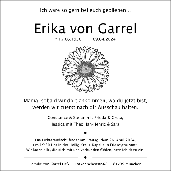 Anzeige von Erika von Garrel von OM-Medien
