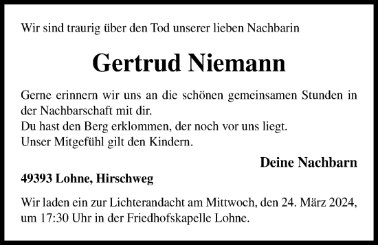 Anzeige von Gertrud Niemann von OM-Medien