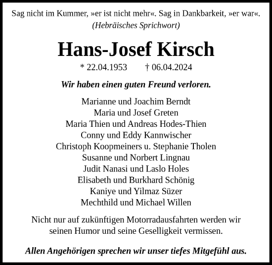 Anzeige von Hans-Josef Kirsch von OM-Medien
