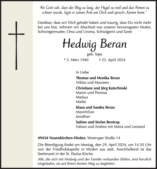 Anzeige von Hedwig Beran von OM-Medien