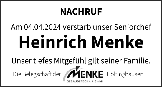 Anzeige von Heinrich Menke von OM-Medien