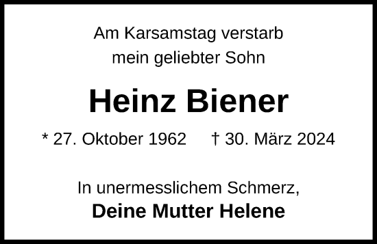 Anzeige von Heinz Biener von OM-Medien