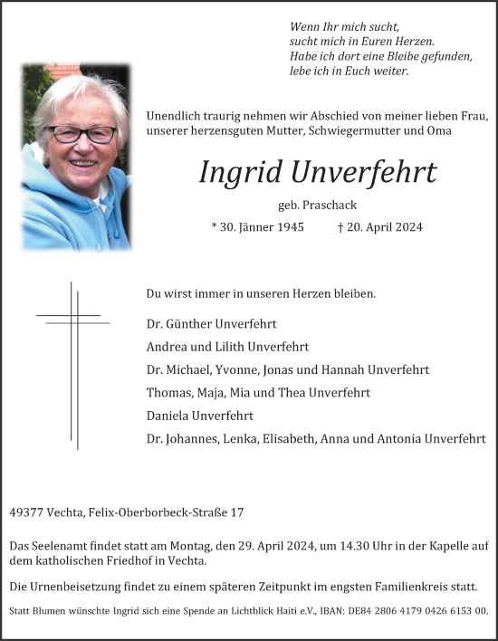 Anzeige von Ingrid Unverfehrt von OM-Medien