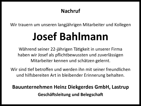 Anzeige von Josef Bahlmann von OM-Medien