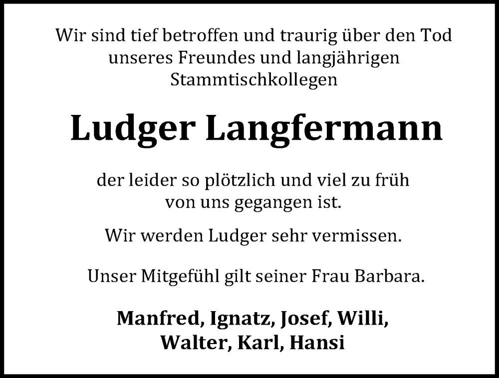  Traueranzeige für Ludger Langfermann vom 19.04.2024 aus OM-Medien