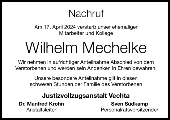 Anzeige von Wilhelm Mechelke von OM-Medien