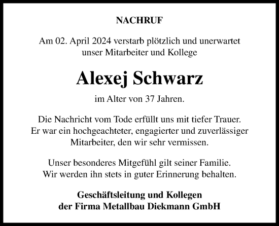 Anzeige von Alexej Schwarz von OM-Medien