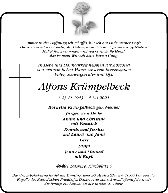 Anzeige von Alfons Krümpelbeck von OM-Medien